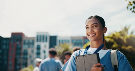 Outdoor, woman and nurse with tablet, smile and healthcare with connection. Student, medical and...