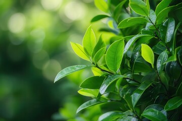 Obraz premium Lush green leaves with soft bokeh background.