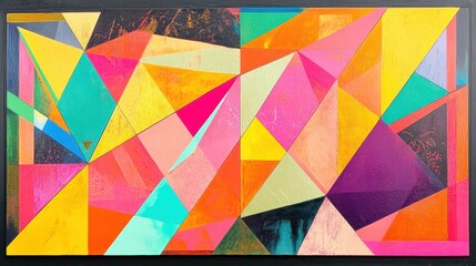 Hard-edge abstraction with layered triangles in vibrant neon and metallic hues
