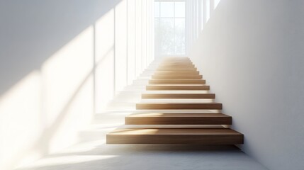 Obraz premium Sunlit wooden staircase ascending towards a bright window in a minimalist white interior.