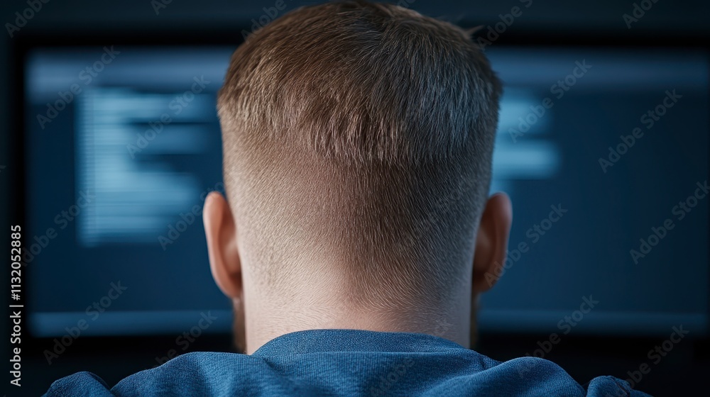 Poster man s back short hair computer screen programming code technology dark room cybersecurity internet