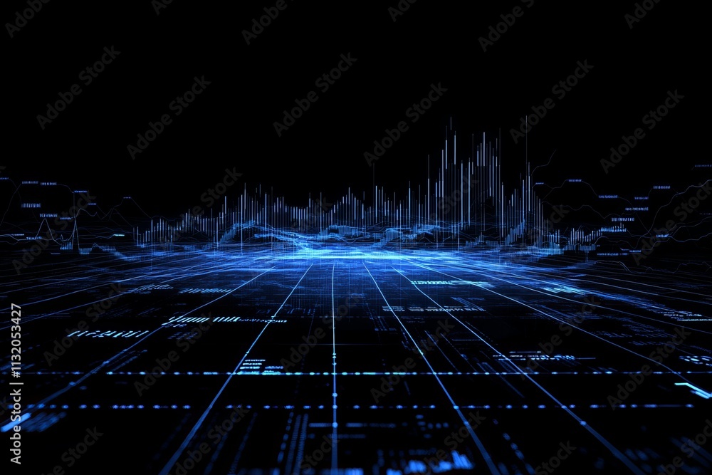Poster Abstract digital landscape with glowing blue data streams and graphs.