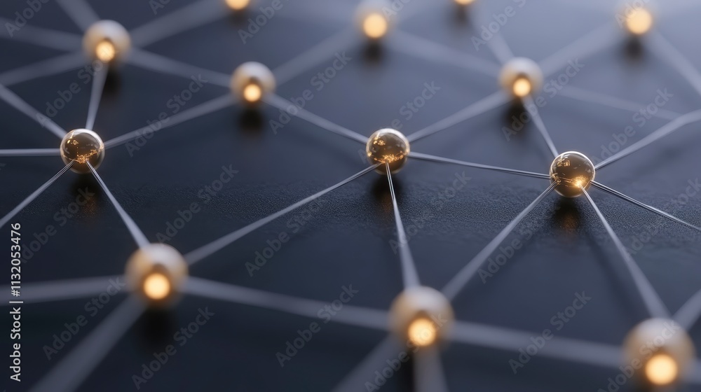 Poster global network connection interlinked gold spheres on dark background