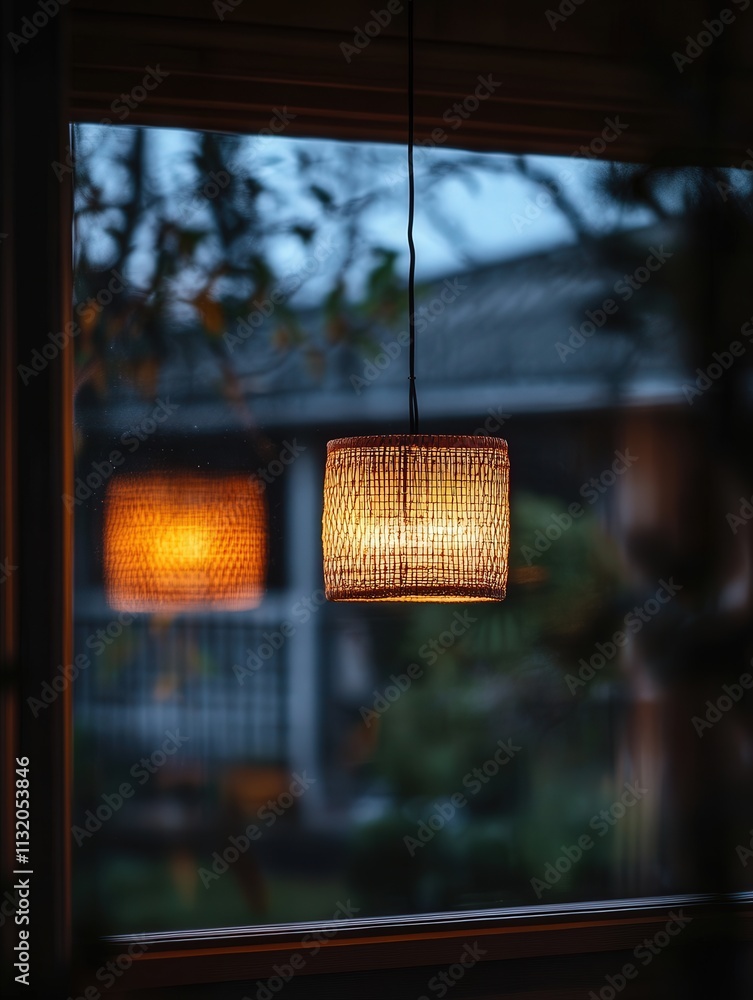 Poster the reflection of a hanging lamp on a window, the soft light from the lamp creating an intimate ambi