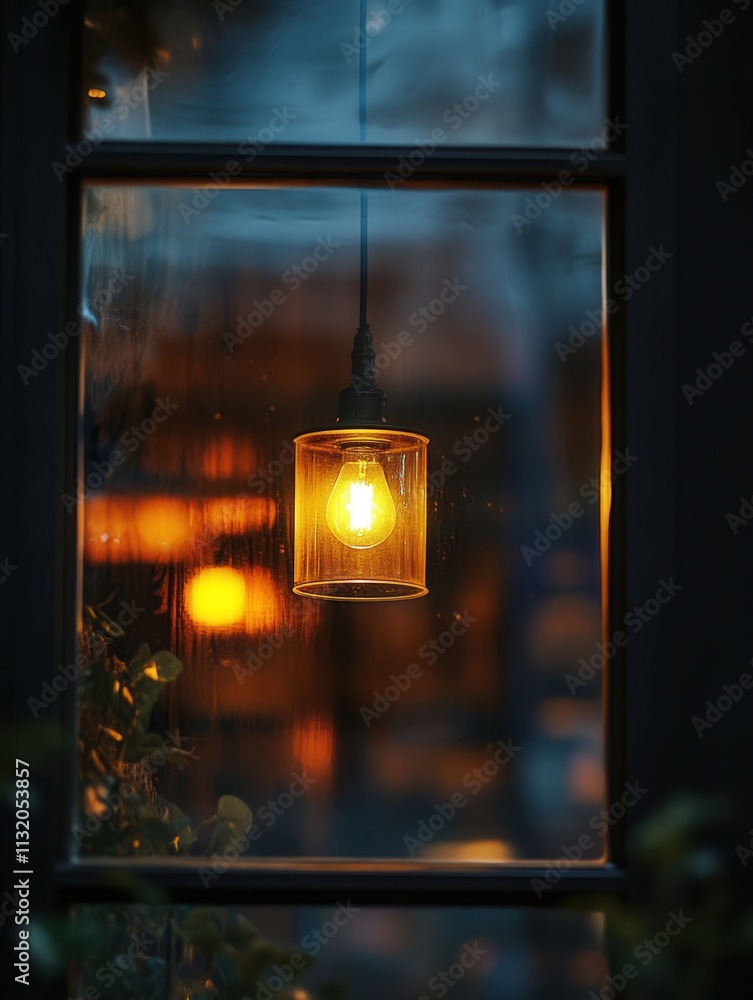 Poster the reflection of a hanging lamp on a window, the soft light from the lamp creating an intimate ambi