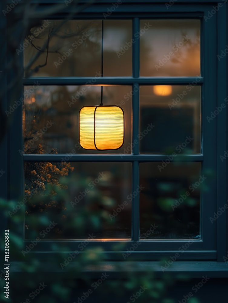 Aufkleber the reflection of a hanging lamp on a window, the soft light from the lamp creating an intimate ambi