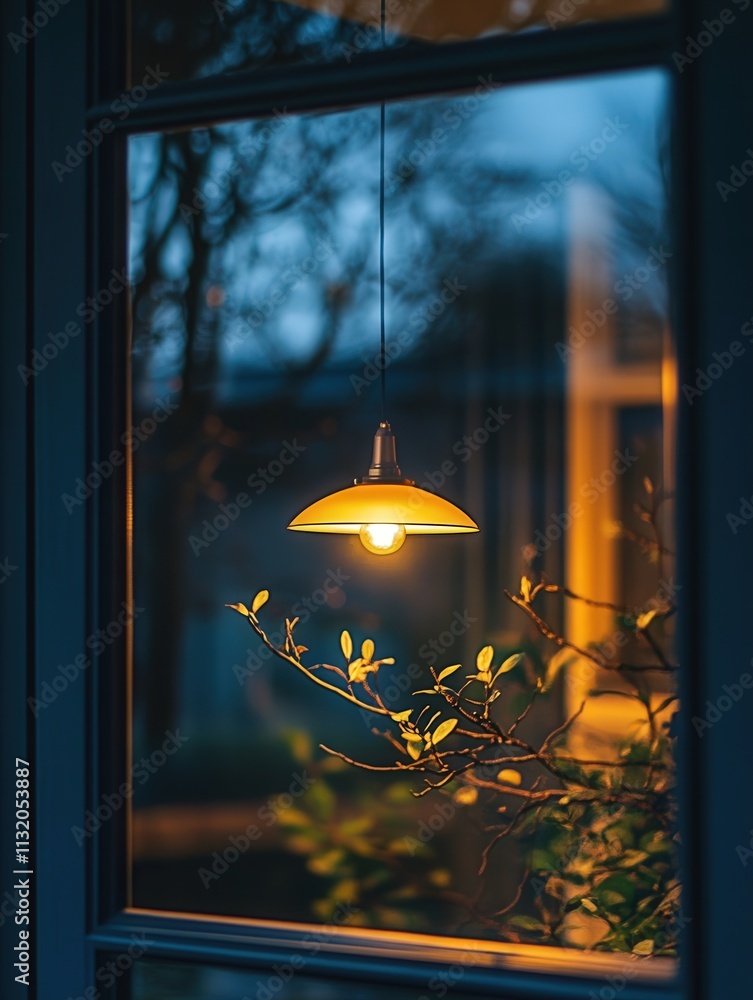 Poster the reflection of a hanging lamp on a window, the soft light from the lamp creating an intimate ambi