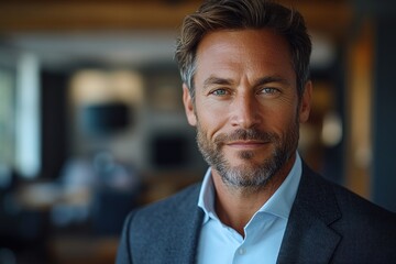Fototapeta premium Portrait of a young businessman in a modern office smiling at the camera working online in a co-working space
