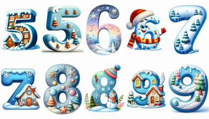 Clipart set of cute watercolor pastel Winter numbers 5, 6, 7, 8, 9 isolated on a white background. Holiday clipart numbers background