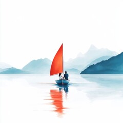 Fototapeta premium A couple sailing on a calm lake with scenic mountains in the background. Happy Sunday Life Concept.