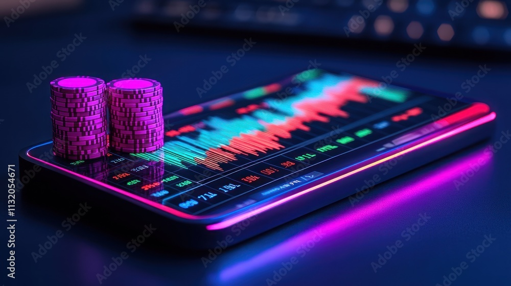 Poster cryptocurrency price chart displayed on smartphone with two digital coins.