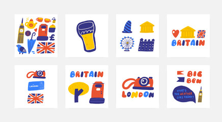 Fototapeta premium Cute England, english, UK, United Kingdom objects, composition with hand drawn doodle mail box, umbrella, flag, cupcake, tea, cup, pot, button, pound, pigeon, Big Ben. Tourist, travel, education signs