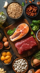 Protein-rich recipes with diverse foods displayed on a wooden cutting board for healthy meal prep and cooking inspiration