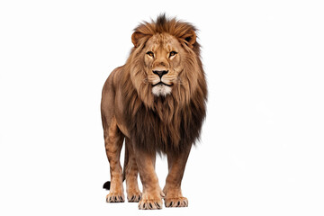 Obraz premium Lion with a majestic mane, standing proudly on a white background, symbolizing strength