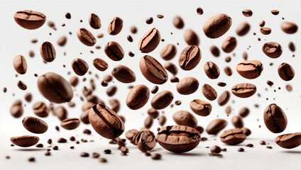 Obraz premium Falling Coffee Beans on White Background