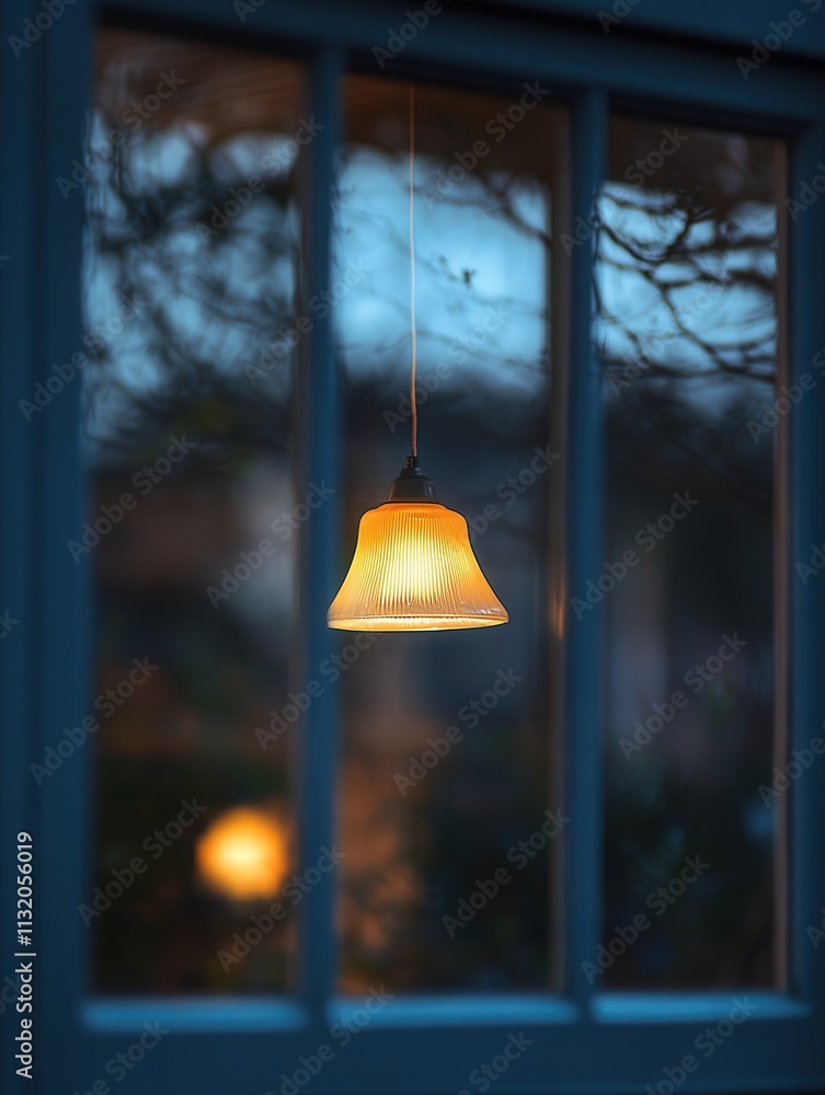 Poster the reflection of a hanging lamp on a window. the soft light from the lamp creates a cozy atmosphere