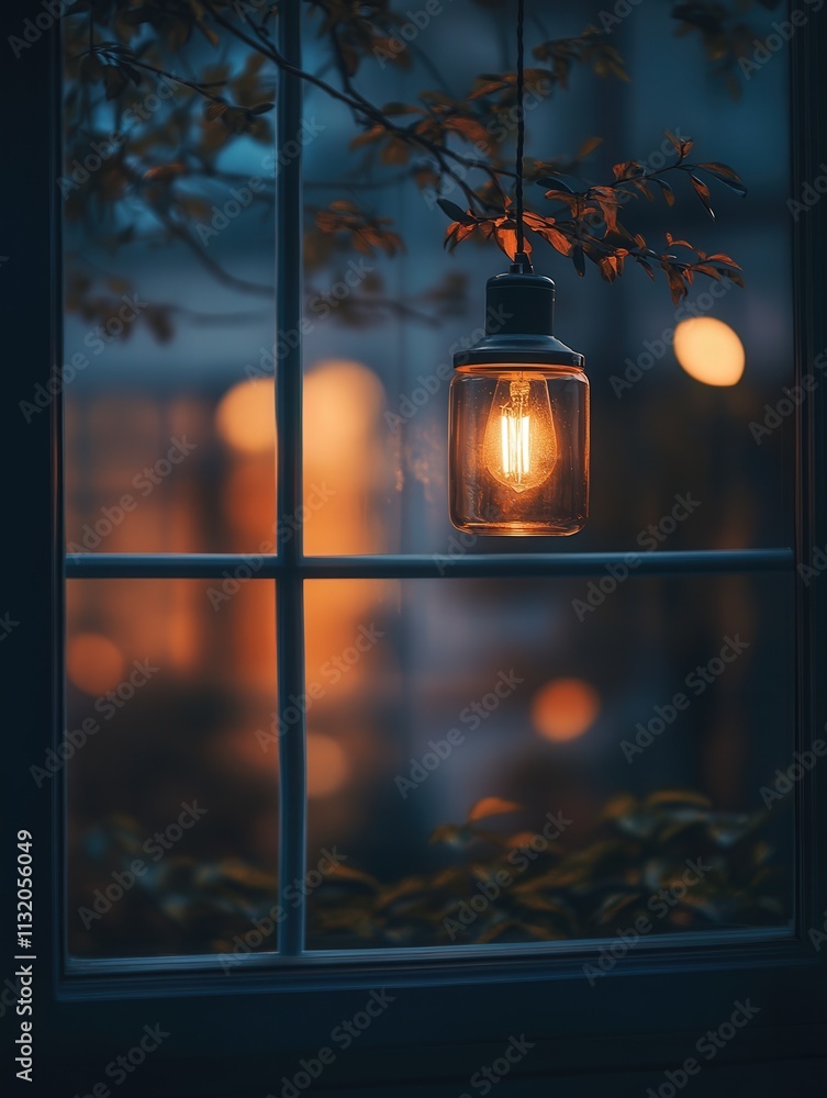 Poster the reflection of a hanging lamp on a window. the soft light from the lamp creates a cozy atmosphere
