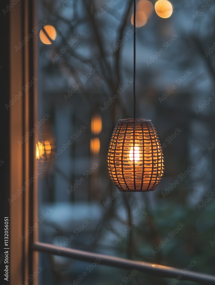 Poster the reflection of a hanging lamp on a window. the soft light from the lamp creates a cozy atmosphere