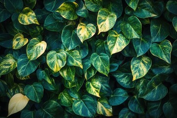 Fototapeta premium Lush green leaves with varying shades and textures.