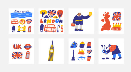 Cute England, english, UK, United Kingdom objects, composition with hand drawn doodle London, tree, bus, street lamp, heart shape flag, hat, cap, transport, ketchup. Tourist, travel, education signs