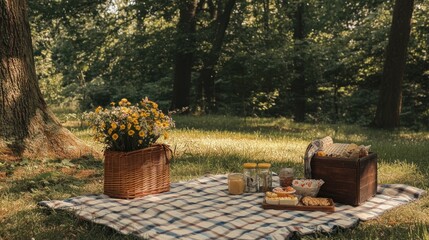 Naklejka premium A serene picnic setup in a forest with food, drinks, and flowers on a checkered blanket.