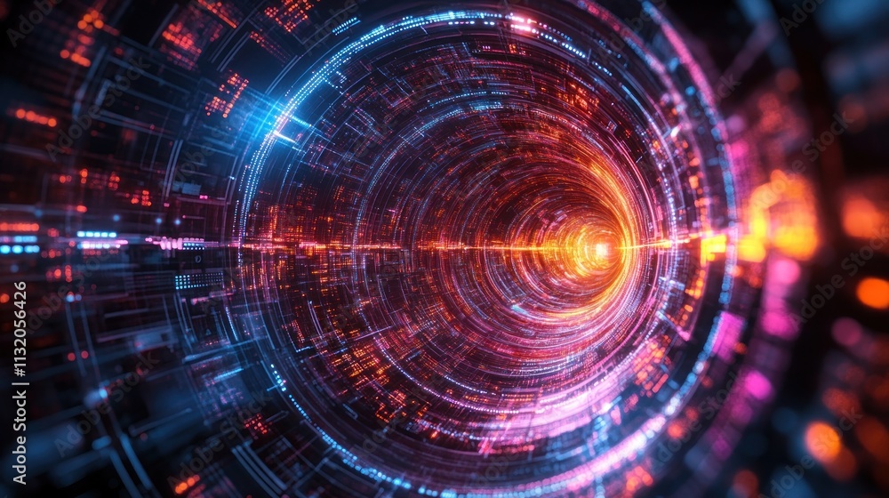 Poster abstract digital tunnel with glowing neon lights and swirling data streams.