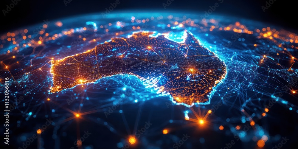 Poster futuristic digital map of australia for network connectivity and data transfer in telecom business