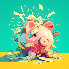 Overflowing Piggy Bank Filled with Vibrant and Whimsical Currencies