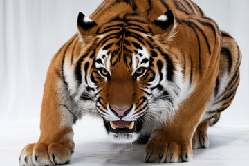 Obraz premium Tiger with intense eyes and bold stripes, in a crouching pose on a white background