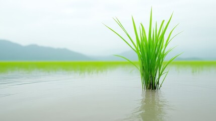 Obraz premium Lush Green Rice Plant in Paddy Field Calm Water Nature Scene