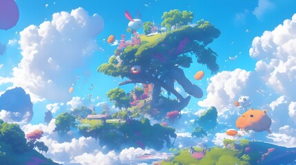 Whimsical 3D of Inflation Themed Cartoon Animal Characters in Bright Pastel Fantasy Landscape