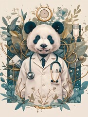 Graceful Panda Doctor in Crisp White Lab Coat Surrounded by Lush Botanical and Medical Accoutrements