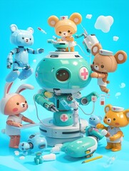 Friendly Colorful Medical Robots Caring for Cartoon Animal Patients in Vibrant 3D