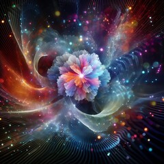 An abstract bloom of digital particles with holographic colors r