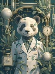 Graceful Panda Doctor Surrounded by Medical Supplies and Lush Botanical Elements in Elegant Art Nouveau Inspired Digital