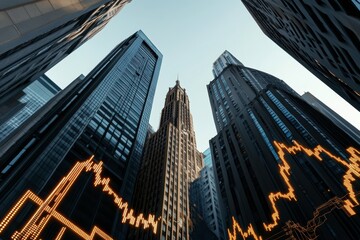 Majestic View of Skyscrapers with Financial Data Overlay in Urban Landscape, Demonstrating Modern Architecture and Economic Concepts in a Dynamic City Setting