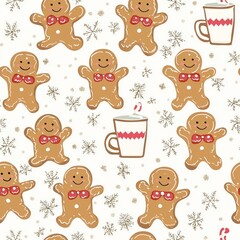 Obraz premium Seamless pattern of gingerbread men with hot cocoa mugs