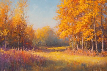 Fototapeta premium Vibrant autumn landscape painting, showcasing golden trees, sunlit meadow, and purple wildflowers.