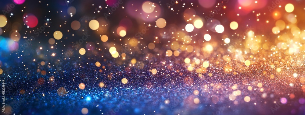 Poster sparkling glitter bokeh background with vibrant color lights and texture.