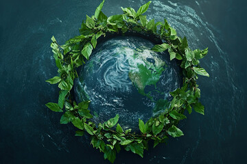 Fototapeta premium A planet made of water with green vines encircling it, symbolizing harmony between Earth and nature