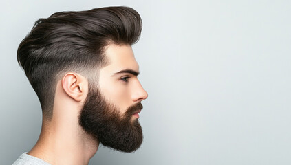 Obraz premium Side view of an attractive man with dark hair and beard, sporting a sleek high-fade haircut.