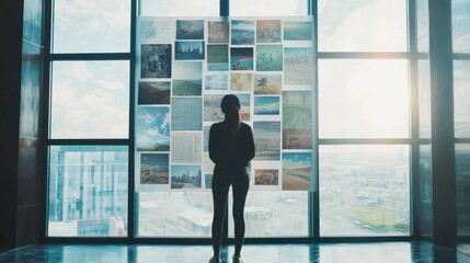 Fototapeta premium A silhouette of a person admiring a collage of photographs against a large window.