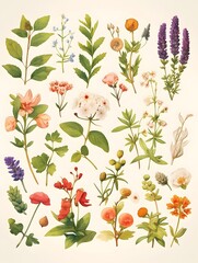 Detailed Watercolor of Diverse Medicinal Herbs and Plants in Natural Color Palette
