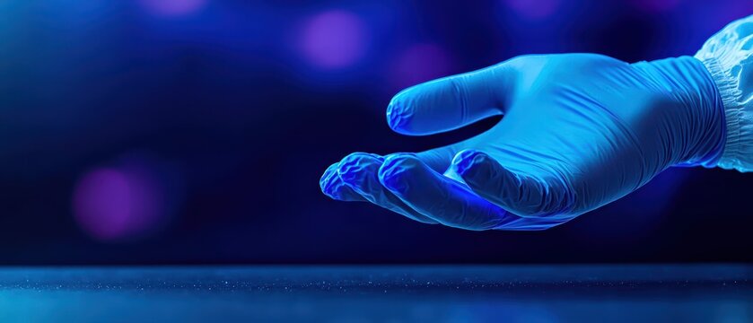 Close-up view of a gloved hand in a laboratory setting with a vibrant, colorful background.