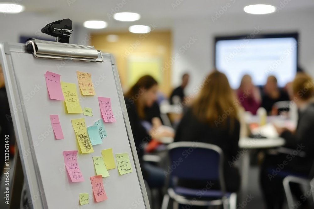 Poster brainstorming session with colorful sticky notes on a whiteboard, blurred group of people in backgro