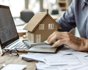Fototapeta premium House Model, Laptop, and Documents on Desk