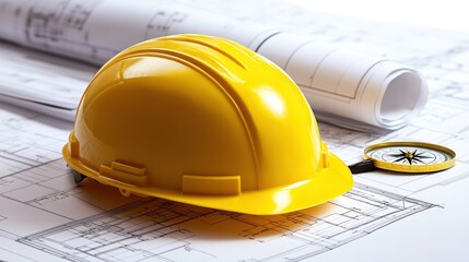 Yellow hard hat rests on blueprints with compass.