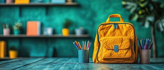 Colorful Backpack with School Supplies Over Green Background Back to School Sale Design
