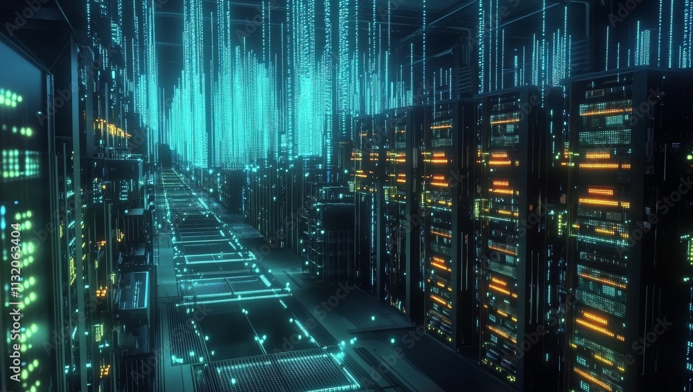 Poster Futuristic server room with glowing data streams and network connections.