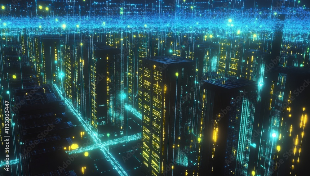 Poster futuristic cityscape with glowing digital data streams and interconnected buildings at night.